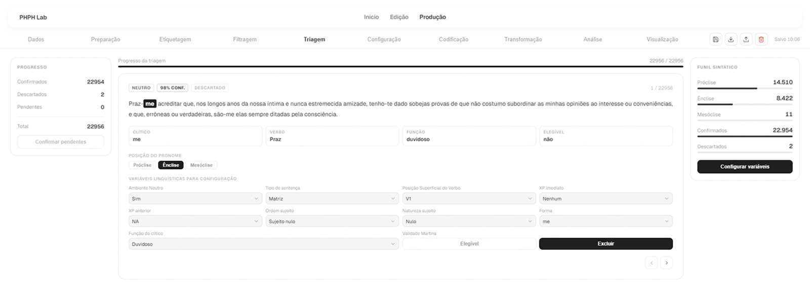 Aba Triagem na página Produção do PHPB Lab